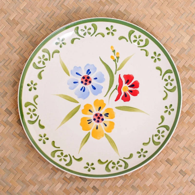 Floral Ceramic Plate from Thailand - Primrose Path in Green