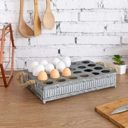 Galvanized Silver Metal Egg Storage Display w/ Rope Handles