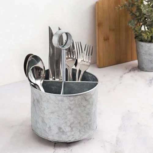 Galvanized Silver Metal Flatware Server Caddy