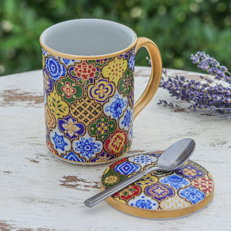 Gilded Blue Benjarong Porcelain Lidded Mug from Thailand - Thai Dream