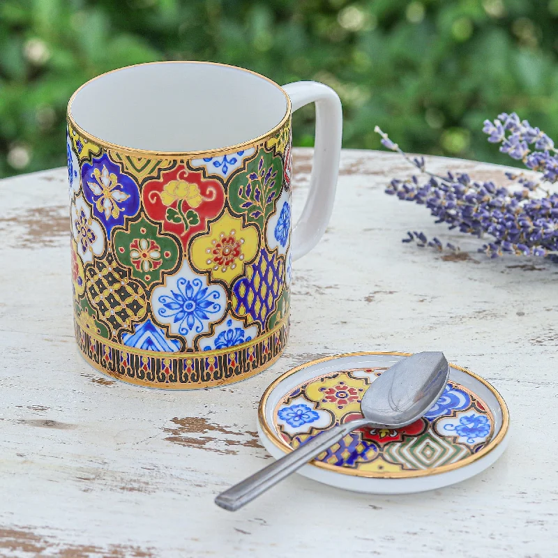 Gilded Hand-Painted Benjarong Porcelain Mug with Lid - Thai Splendor