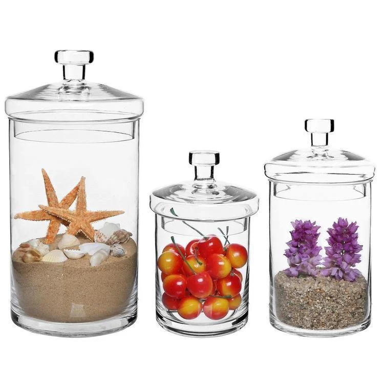 Clear Decorative Glass Jars with Lids, Set of 3