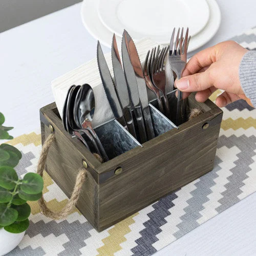 Gray-Brown Wood & Galvanized Metal Flatware & Napkin Organizer w/ Rope Handles