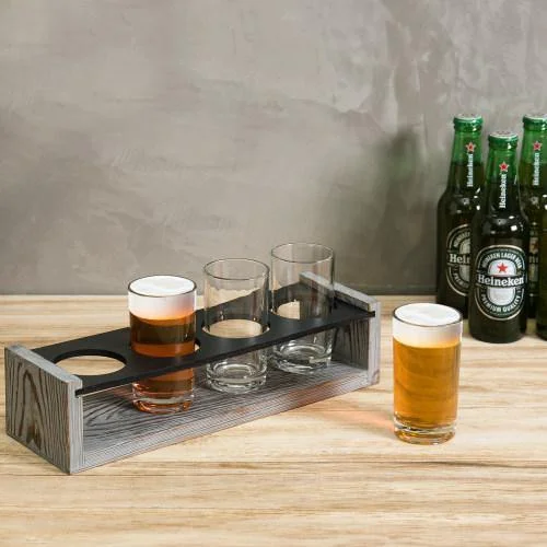 Vintage Gray-Washed Wood Beer Tasting Flight Set