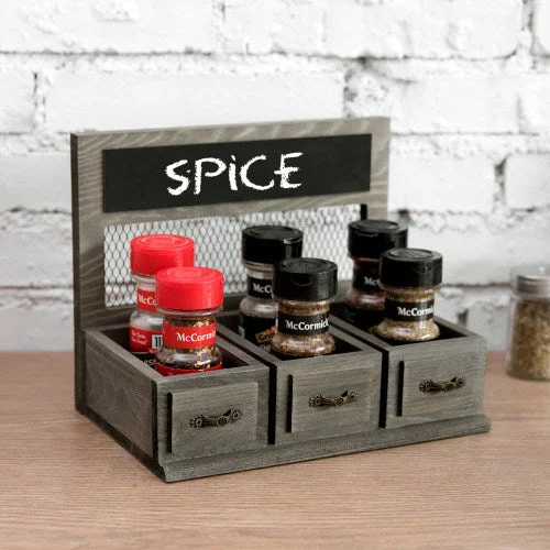 Gray Wood & Chicken Wire Spice Rack w/ Drawer Style Design & Chalkboard