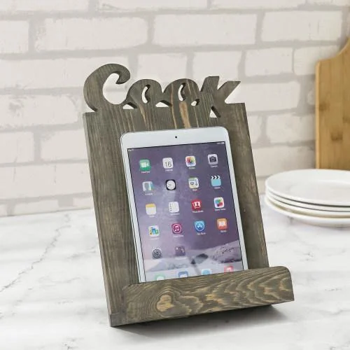 Gray Wood Cookbook & Tablet Holder w/ Cutout Letters