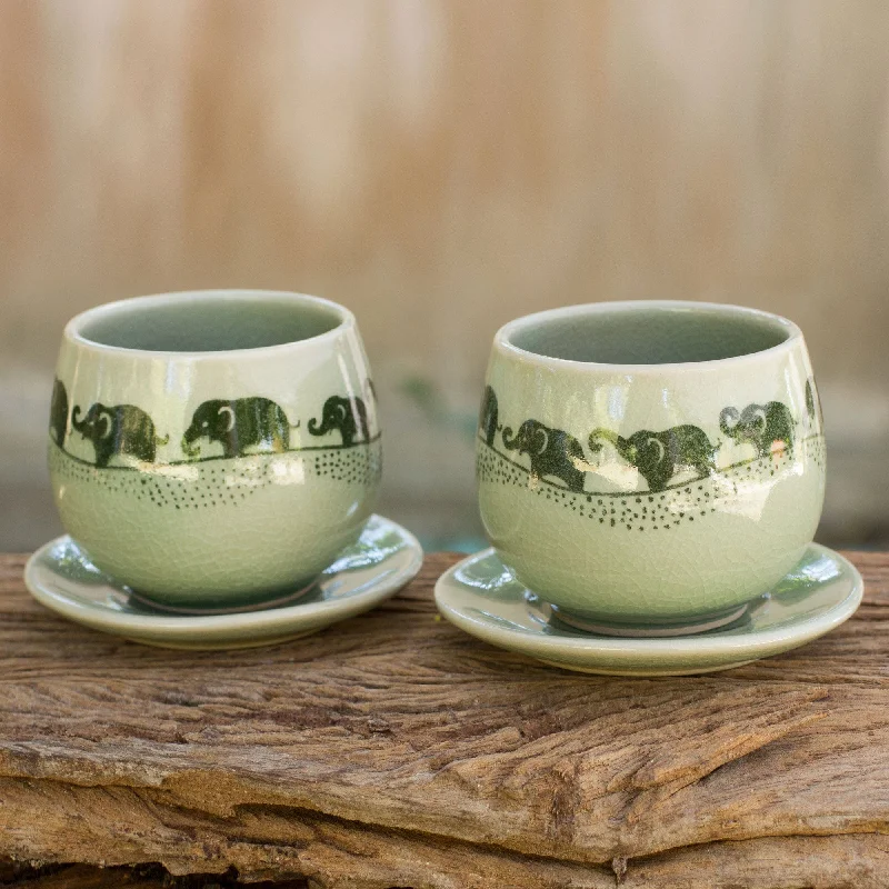 Green Celadon Elephant Teacups and Saucers (Set for 2) - Prancing Elephants