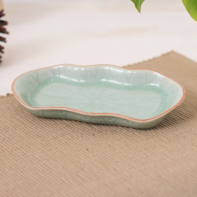 Green Handmade Celadon Ceramic Lotus Flower Serving Bowl - Thai Lotus Leaf