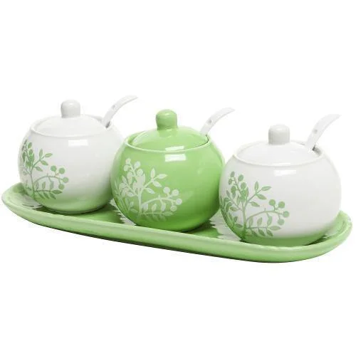 Set of 3 Lime Green & White Ceramic Condiment Pots w/tray