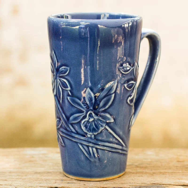 Hand Crafted Dark Blue Celadon Ceramic Mug from Thailand - Royal Blue Orchid