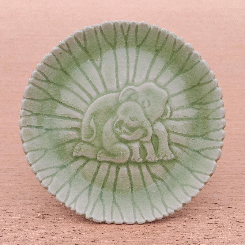 Hand Crafted Elephant Motif Celadon Ceramic Plate - Elephant Nurture