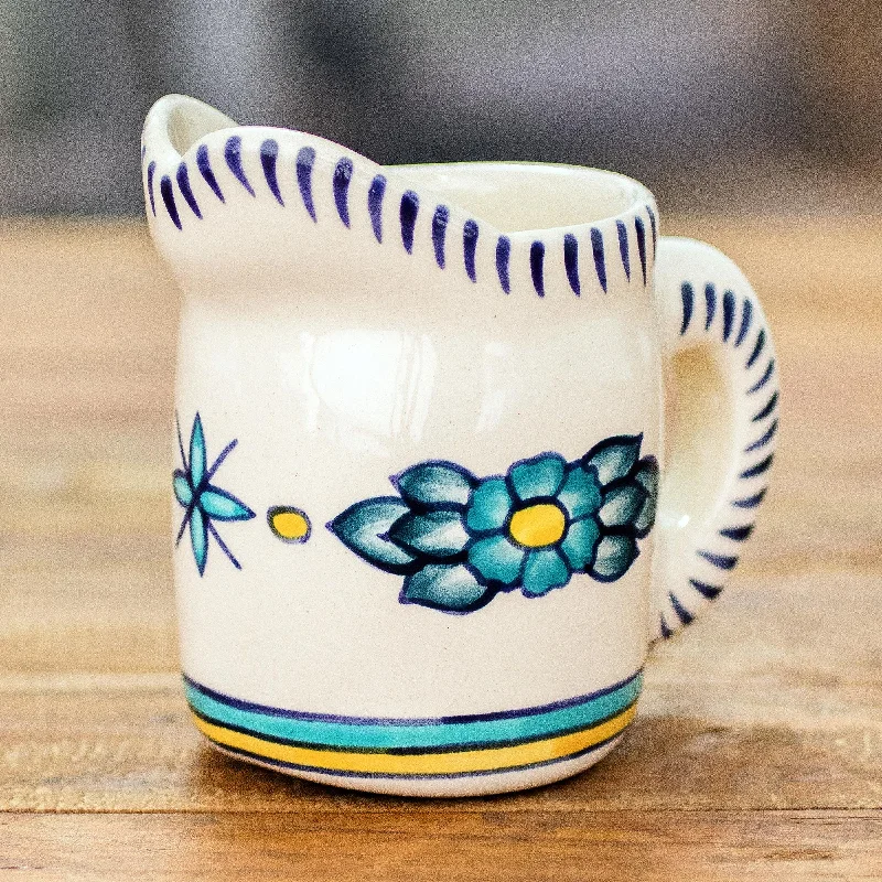 Hand Crafted White Ceramic Creamer with Floral Motif - Bermuda