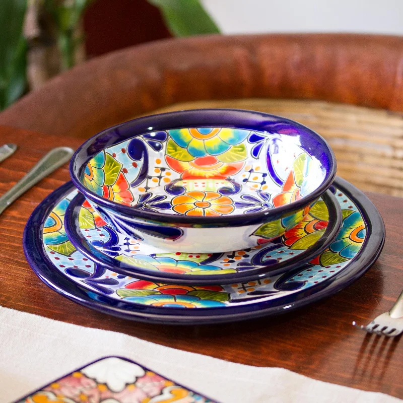 Hand-Painted Talavera Ceramic Bowls from Mexico (Pair) - Raining Flowers