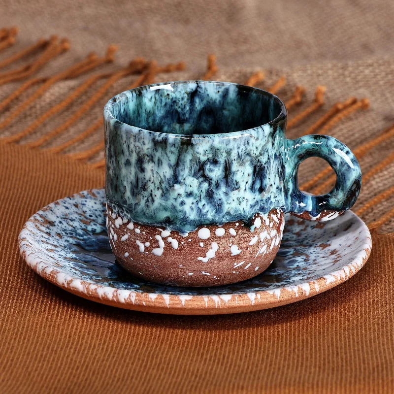 Handcrafted Blue and Brown Ceramic Cup and Saucer - Blue Coffee Breeze