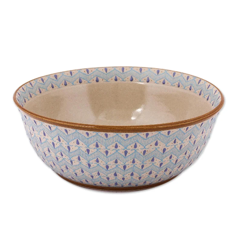 Handcrafted Blue Chevron Motif Ceramic Salad or Serving Bowl - Chevron Tears