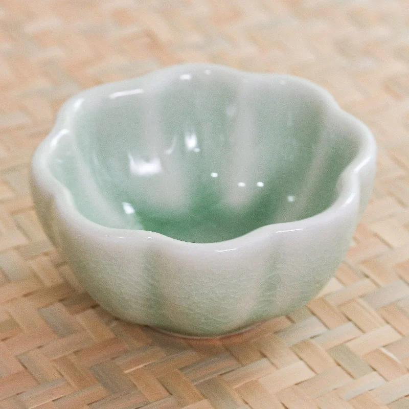 Handcrafted Celadon Ceramic Bowl - Flower Bloom in Green