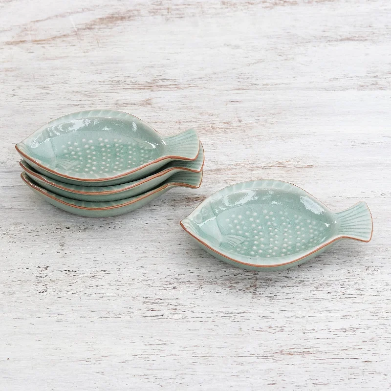 Handcrafted Celadon Ceramic Fish Appetizer Dishes (Set of 4) - Spotted Swimmers