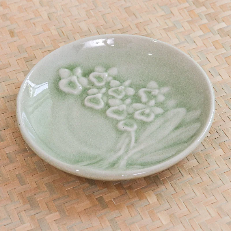 Handcrafted Celadon Dessert Plate - Orchid Bouquet