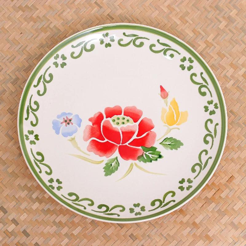 Handcrafted Ceramic Plate from Thailand - Poppy Garden in Green