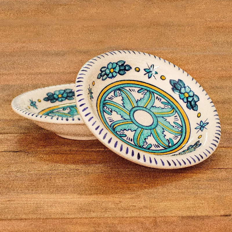 Floral Ceramic Turquoise Soup Bowls (Pair) - Quehueche