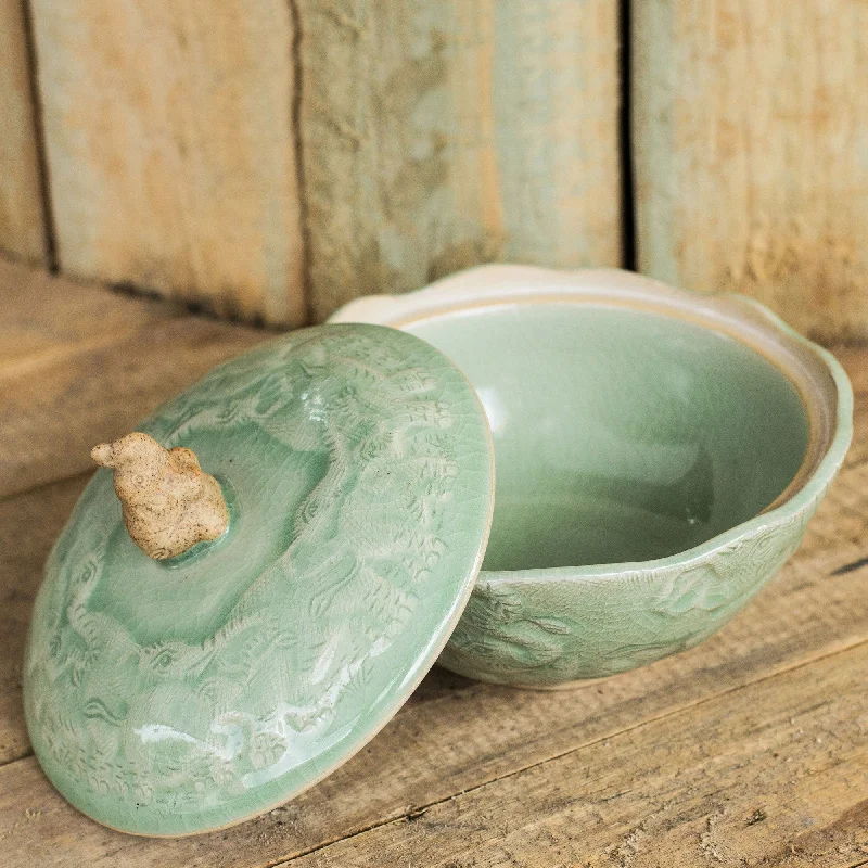 Handcrafted Green Ceramic Bowl and Lid with Elephant Motif - Sawasdee