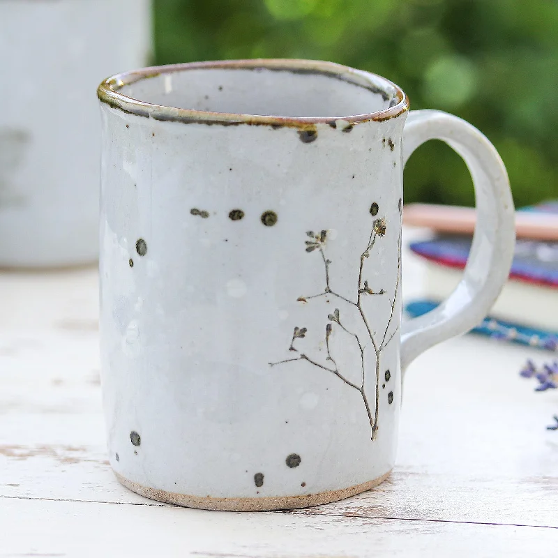 Handcrafted Leafy Brown and White Crackled Ceramic Mug - Natural Core