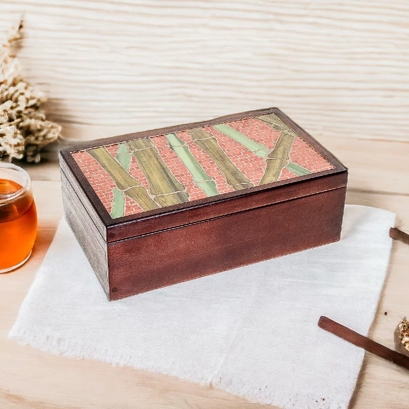 Handcrafted Sugar Cane-Themed Pinewood Tea Box in Brown - Sugar Cane Visions