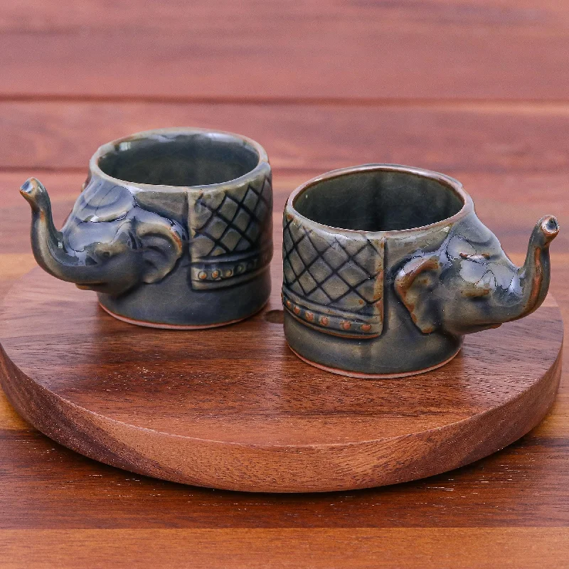 Handmade Brown Celadon Ceramic Elephant Teacups (Pair) - Elephant Essence in Brown