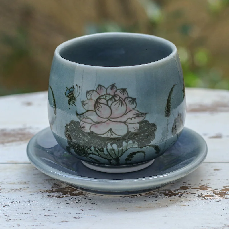 Handmade Celadon Ceramic Blue Cup and Saucer with Flowers - Luxuriant Lotus in Blue