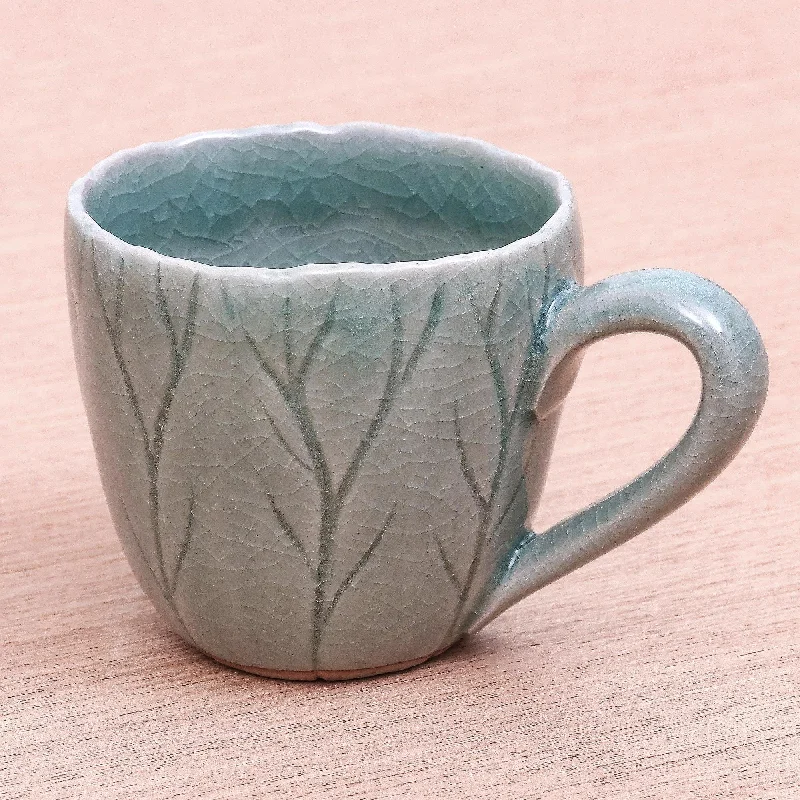 Handmade Celadon Ceramic Mug from Thailand - Lotus Garden