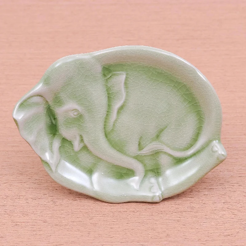 Handmade Elephant Themed Celadon Ceramic Plate - Elephant at Rest in Green