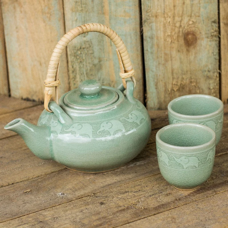 Handmade Tea Set Made of Green Celadon Ceramic (Set for 2) - Warm Elephants