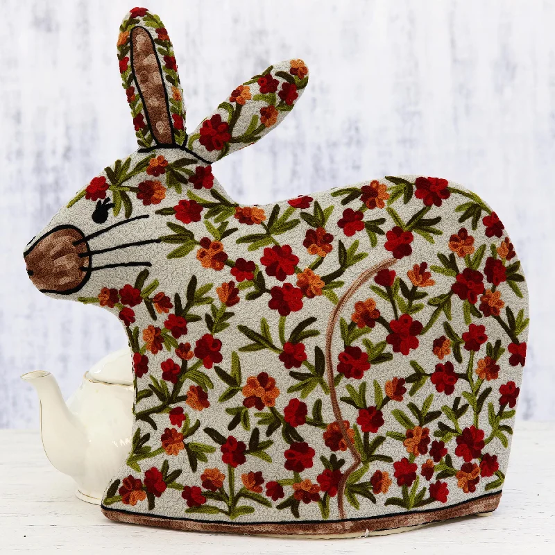 Indian Chain Stitched 100% Wool and Cotton Rabbit Tea Cozy - Hopping Rabbit