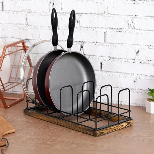 Kitchen Pot Rack w/ Rustic Burnt Wood & Industrial Black Metal Wire