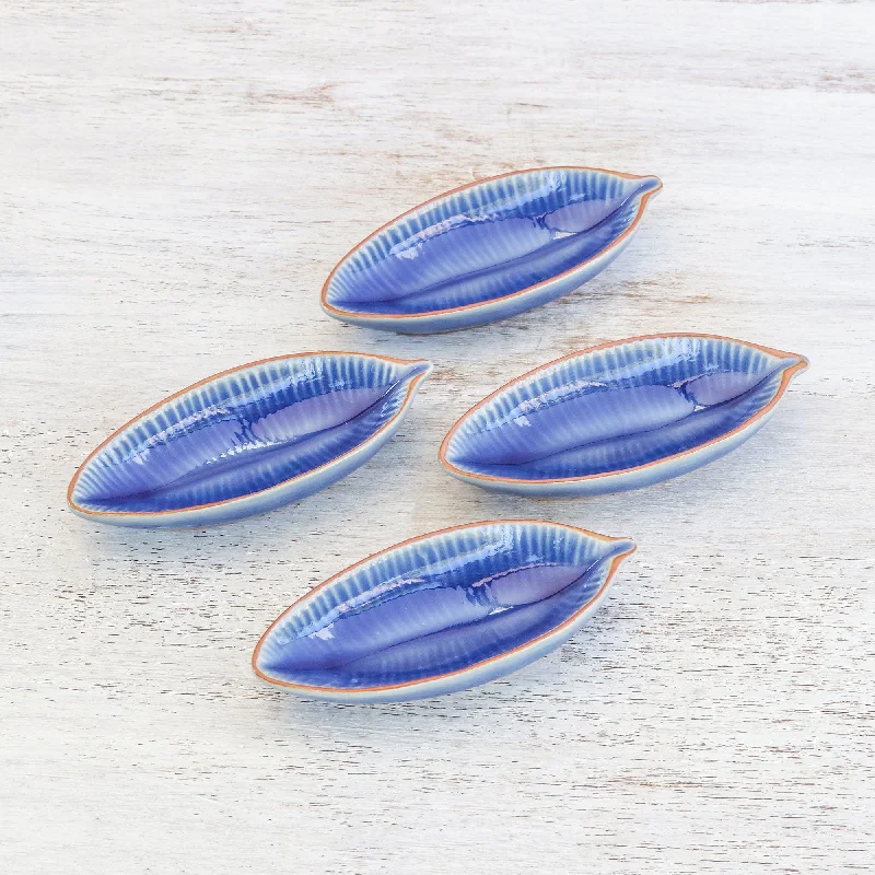 Leaf-Shaped Blue Ceramic Appetizer Bowls (Set of 4) - Festive Banana