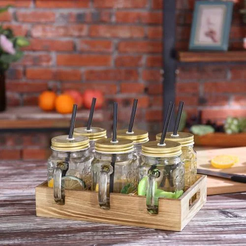 Mason Jar Mugs with Lids, Straws & Wood Caddy, Brown, Set of 6