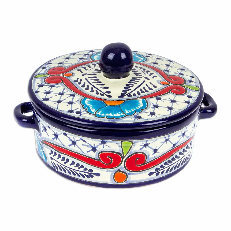 Mexican Talavera Style Blue and Red Ceramic Tortilla Warmer - Marvelous Flowers