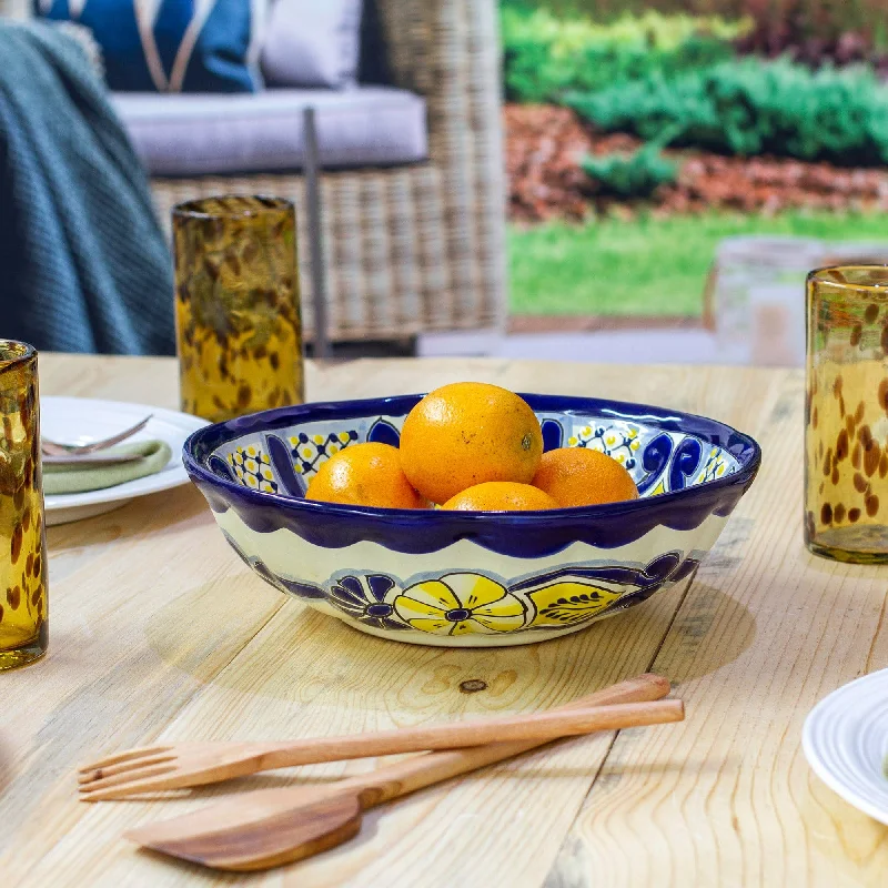 Mexican Talavera Style Ceramic Salad Bowl with Flowers - Sunny Blooms