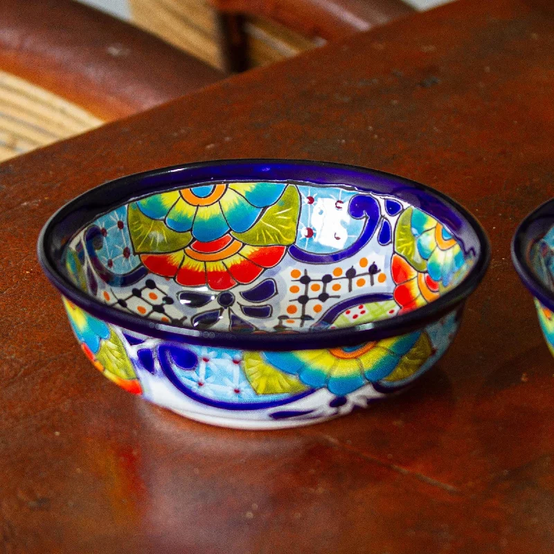 Mexican Talavera Style Ceramic Snack or Serving Bowls (Pair) - Raining Flowers