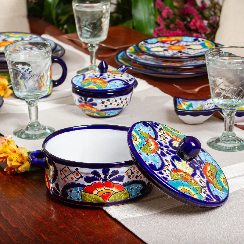 Mexican Talavera Style Ceramic Tortilla Container and Lid - Raining Flowers