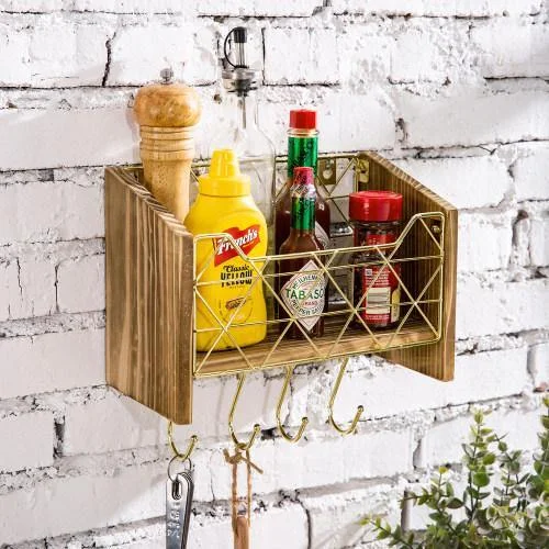 Modern Brass-Tone Wire and Burnt Wood Kitchen Shelf w/ Hooks