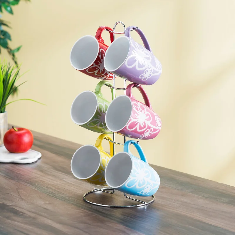 6 Piece Daisy  Mug Set with Stand, Multi-Color