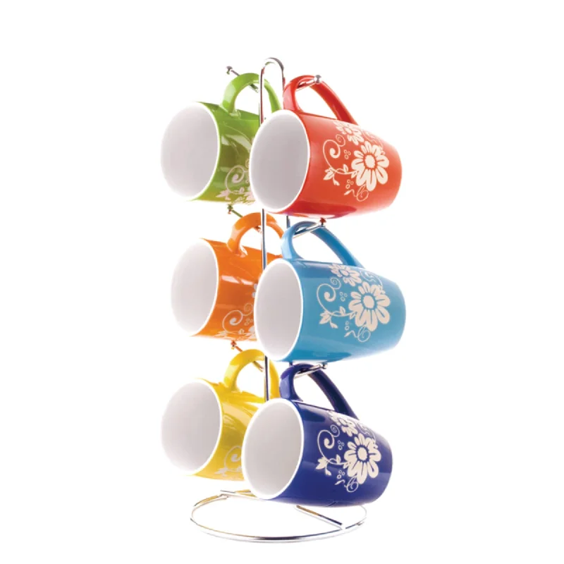 6 Piece Floral Mug Set with Stand, Multi-Color