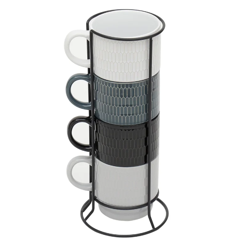 Embossed Obelisk 4 Piece Stackable Mug Set with Stand