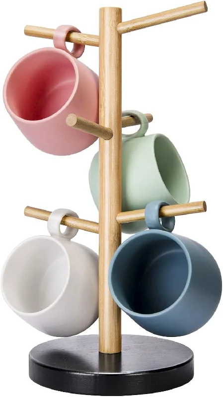 Mug Holder Base Coffee Cup Bamboo Holder Stand with 6 Hooks