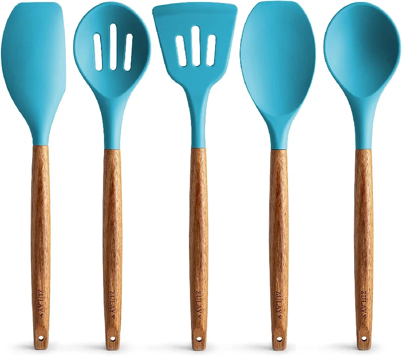 Non-Stick Silicone Cooking Utensils Set with Authentic Acacia Wood Handles (5 Piece)