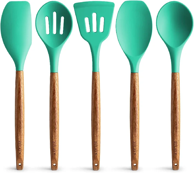 Non-Stick Silicone Cooking Utensils Set with Authentic Acacia Wood Handles 5 Piece