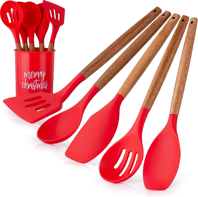 Non-Stick Silicone Utensils Set (5-Piece) with Authentic Acacia Wood Handles & Utensil Holder