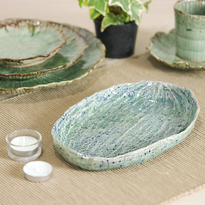 Ocean-Inspired Blue Oval Celadon Ceramic Appetizer Plate - Waves of Elegance