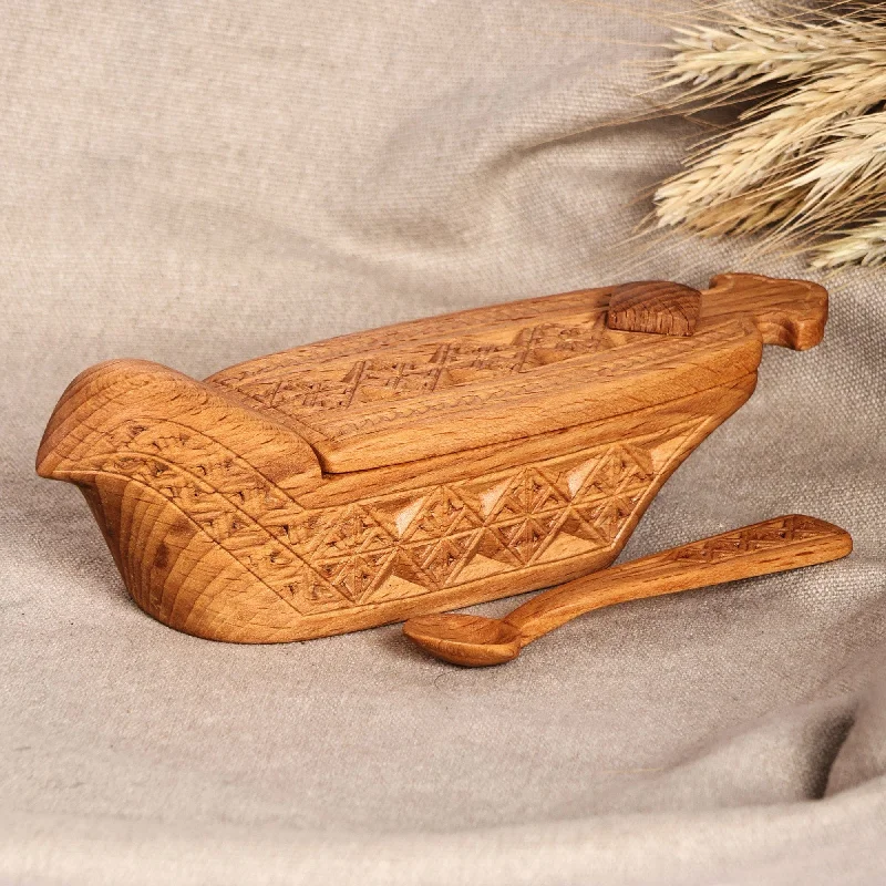 Polished Traditional Bird-Themed Beechwood Condiment Bowl - Distant Flavors